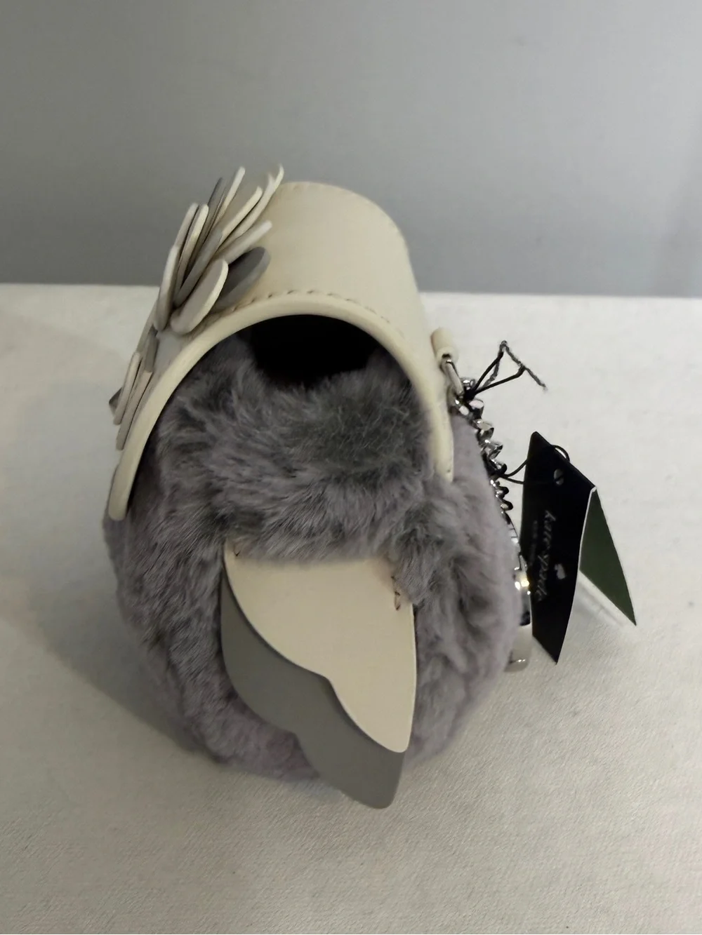 Kate Spade 3D Hoot Owl Coin Purse Keychain Faux Fur Gray White with Dust Bag NWT